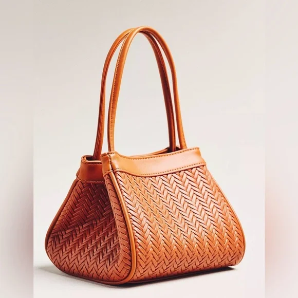 Anthropologie Brown Woven Mini Boxy Top Handle Tote Bag - Picture 2 of 3